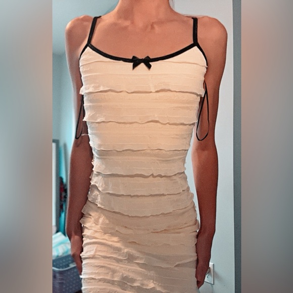 NWT TAYLOR SWIFT TTPD INSPIRED WHITE LAYERED RUFFLE DRESS W BLACK STRAPS AND BOW - Picture 5 of 6